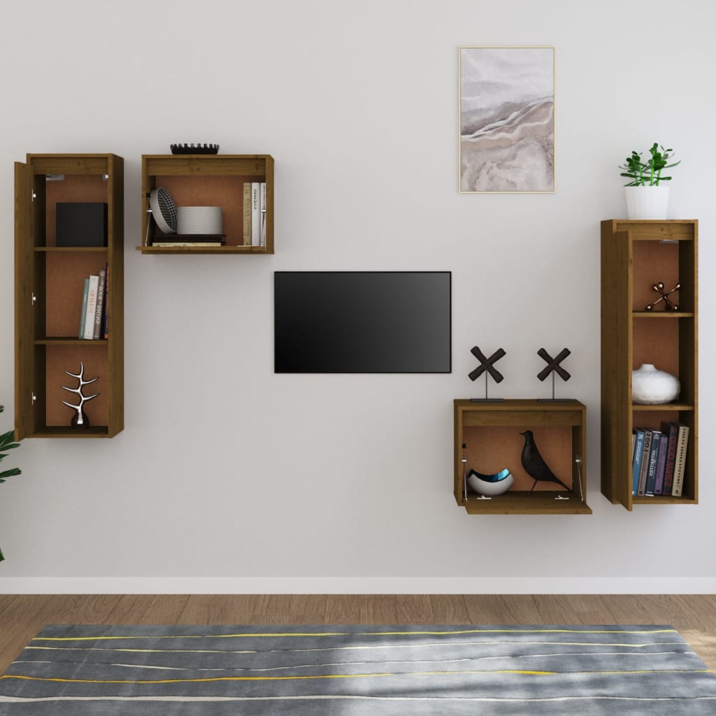 4 Piece TV Cabinet Set Honey Brown Solid Wood Pine