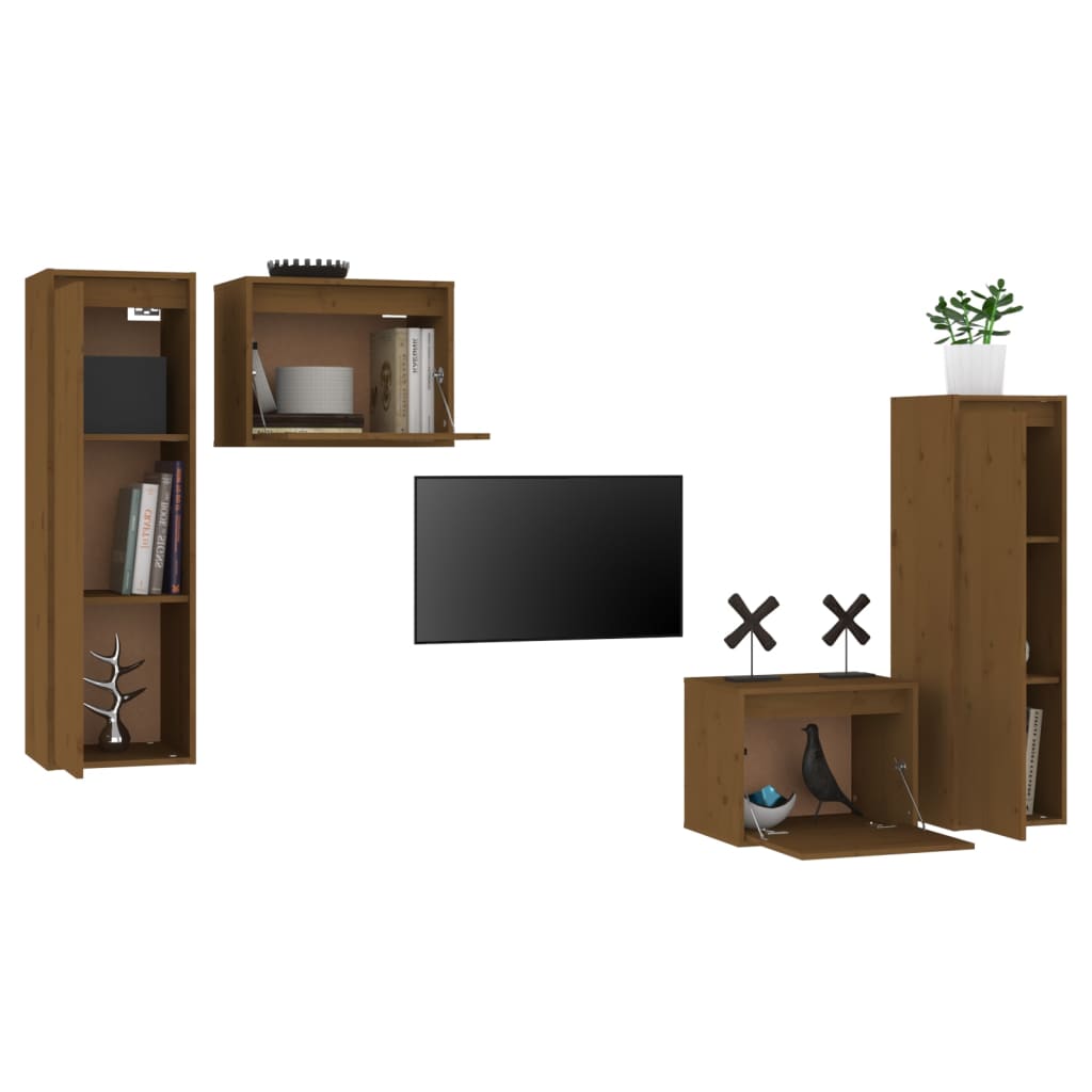 4 Piece TV Cabinet Set Honey Brown Solid Wood Pine