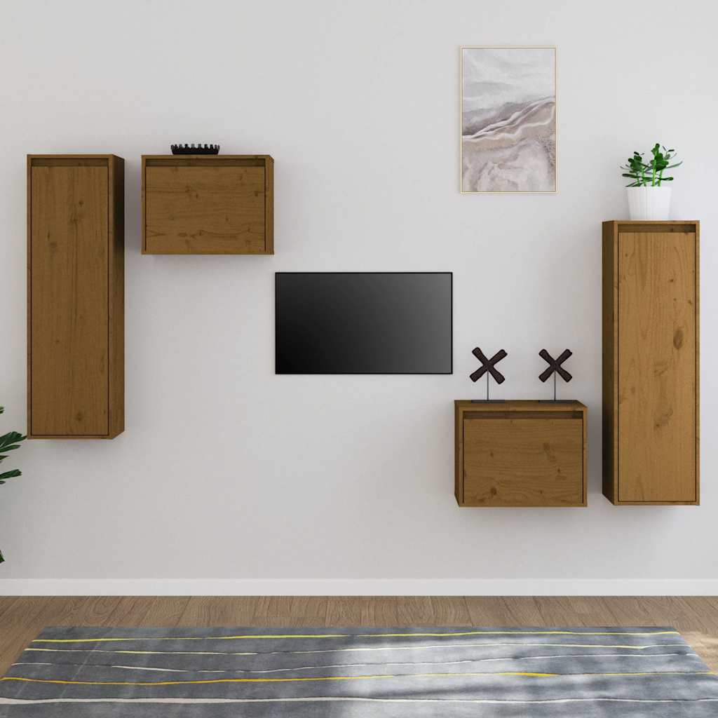 4 Piece TV Cabinet Set Honey Brown Solid Wood Pine