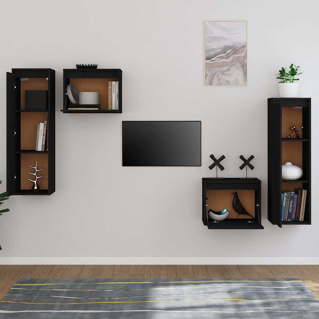 4 Piece TV Cabinet Set Black Solid Wood Pine