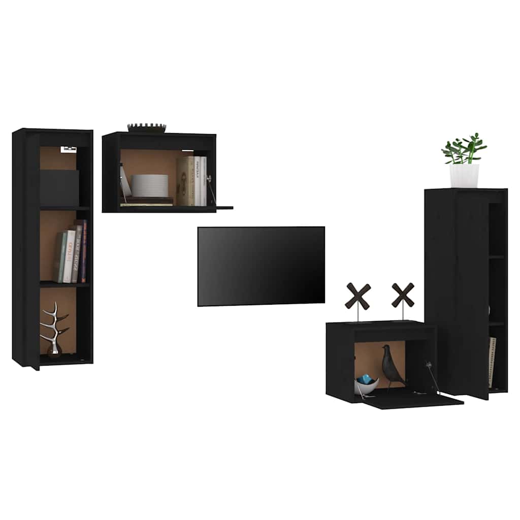 4 Piece TV Cabinet Set Black Solid Wood Pine