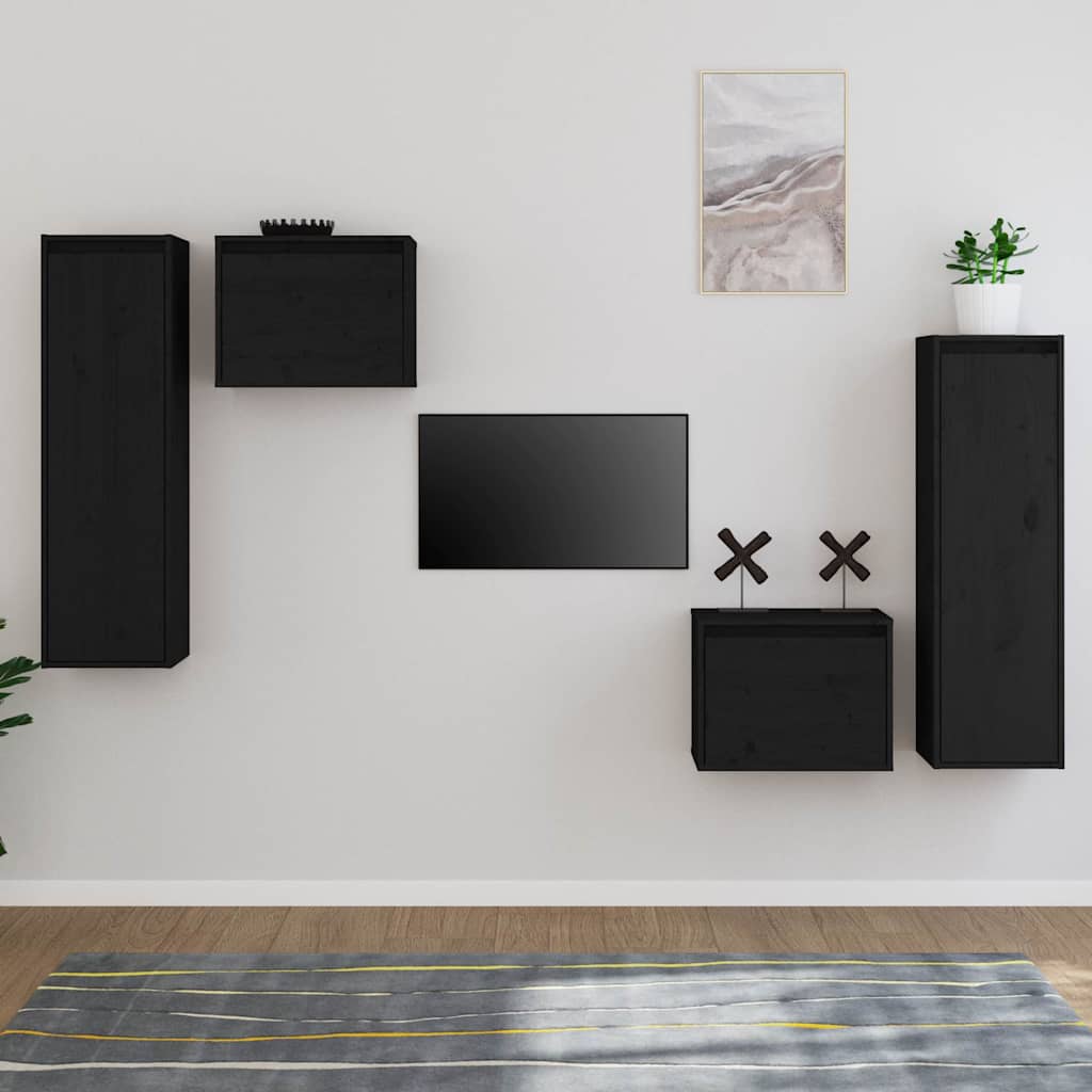 4 Piece TV Cabinet Set Black Solid Wood Pine