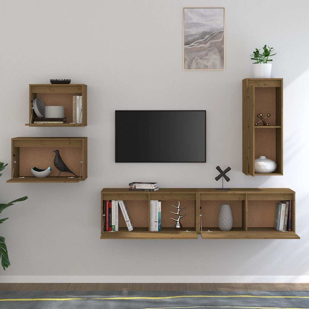 5 Piece TV Cabinet Set Honey Brown Solid Wood Pine
