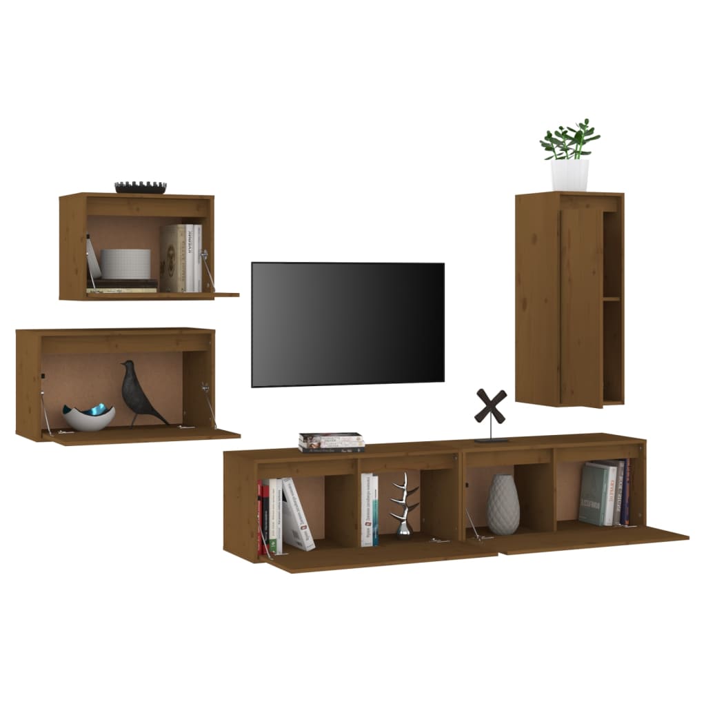 TV Cabinets 5 pcs Honey Brown Solid Wood Pine