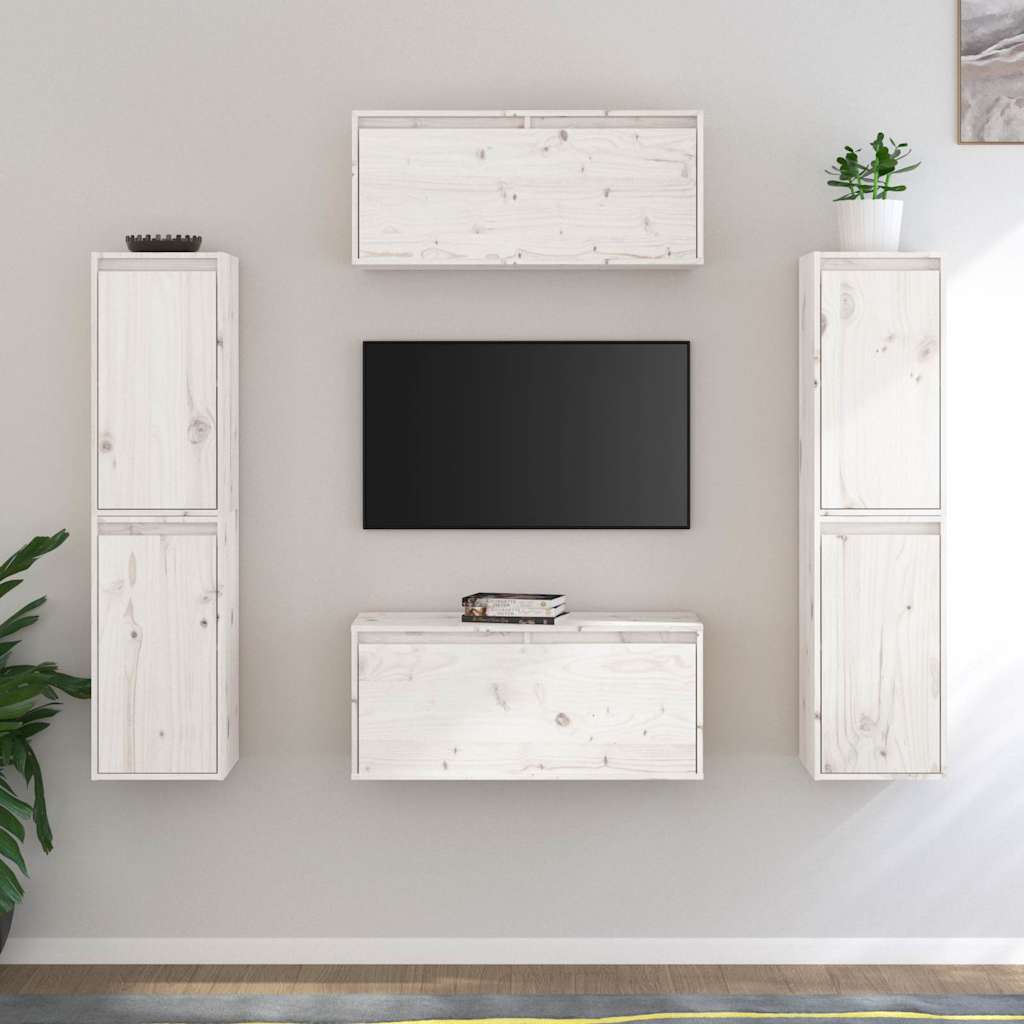 6 Piece TV Cabinet Set White Solid Wood Pine
