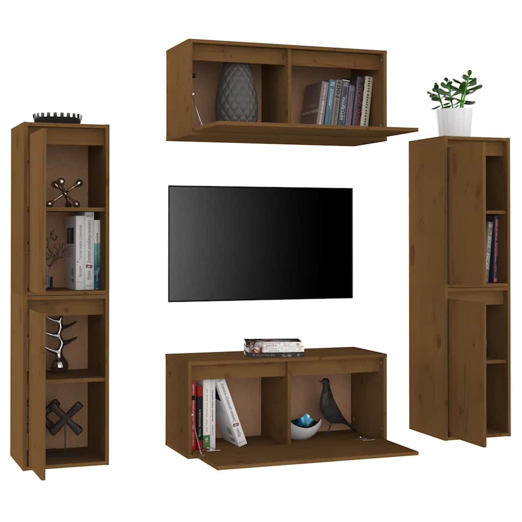 6 Piece TV Cabinet Set Honey Brown Solid Wood Pine