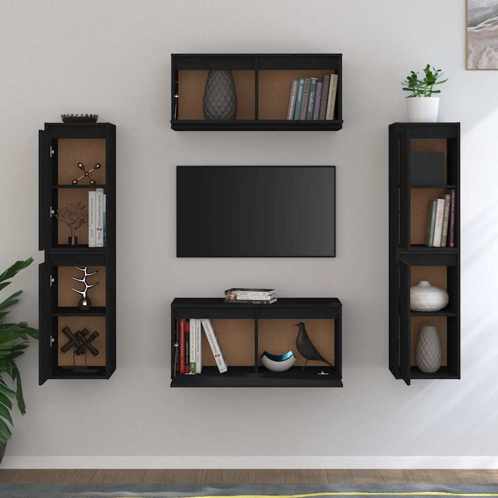 6 Piece TV Cabinet Set Black Solid Wood Pine