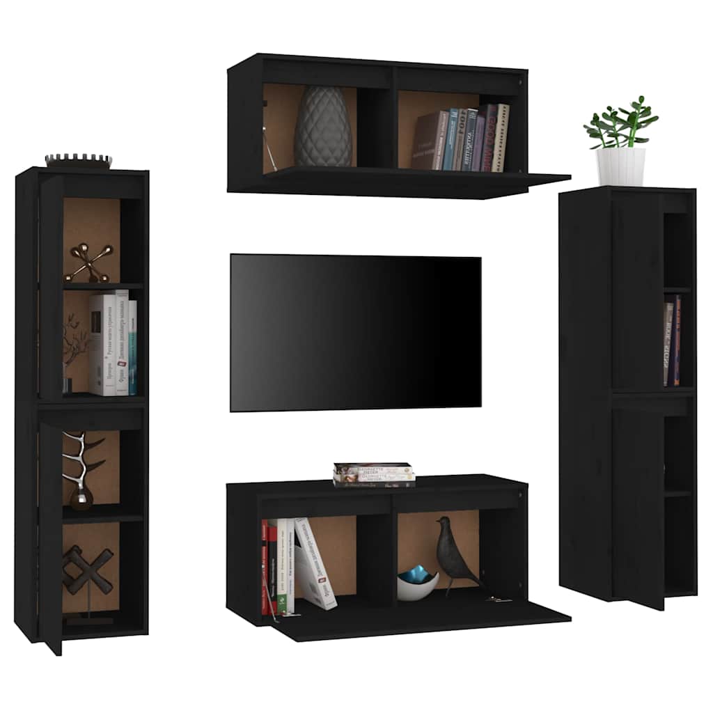 6 Piece TV Cabinet Set Black Solid Wood Pine