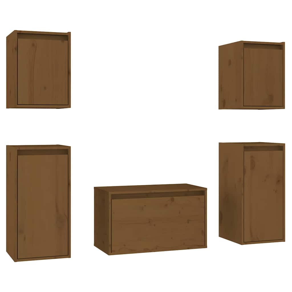 5 Piece TV Cabinet Set Honey Brown Solid Wood Pine