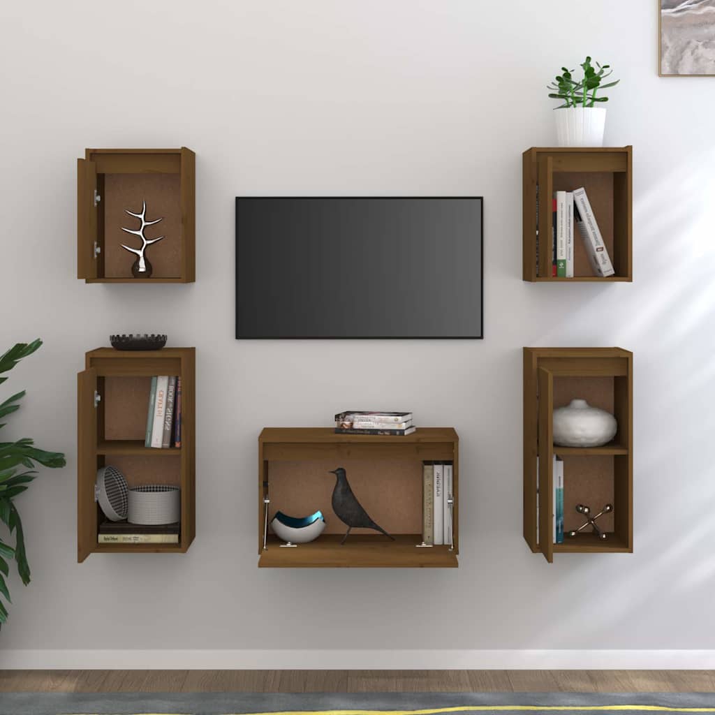 5 Piece TV Cabinet Set Honey Brown Solid Wood Pine