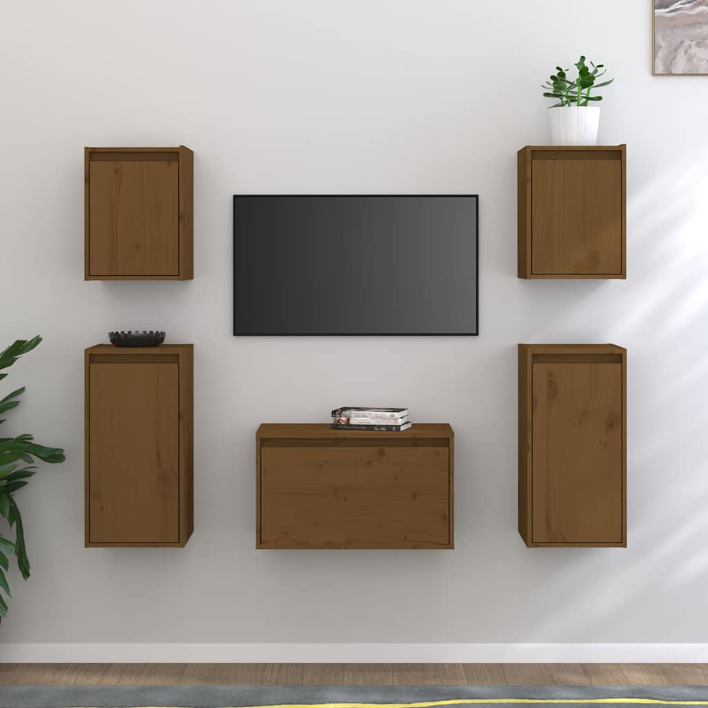 5 Piece TV Cabinet Set Honey Brown Solid Wood Pine