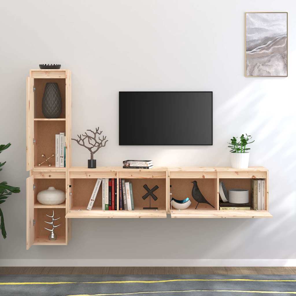 4 Piece TV Cabinet Set Solid Wood Pine