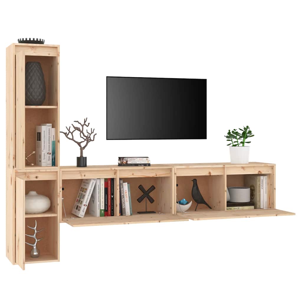 4 Piece TV Cabinet Set Solid Wood Pine