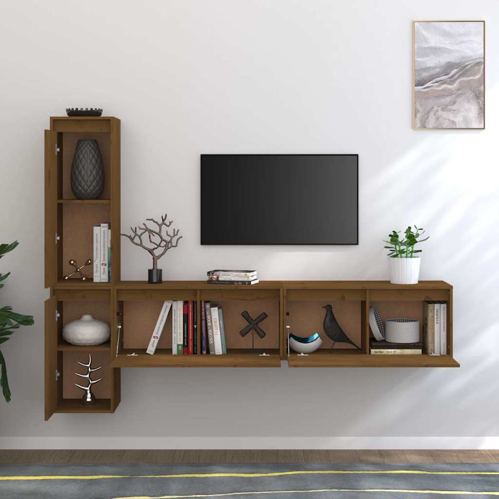 4 Piece TV Cabinet Set Honey Brown Solid Wood Pine