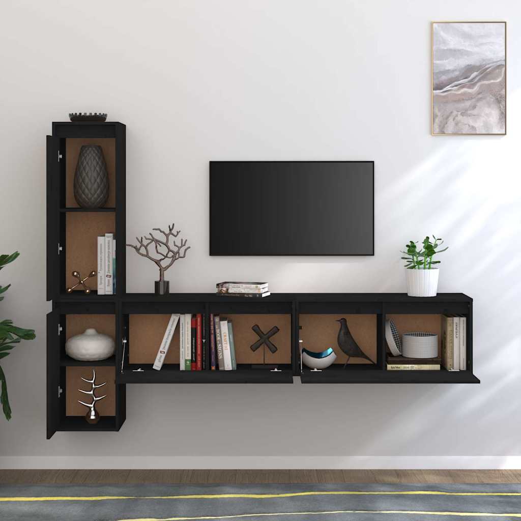 4 Piece TV Cabinet Set Black Solid Wood Pine