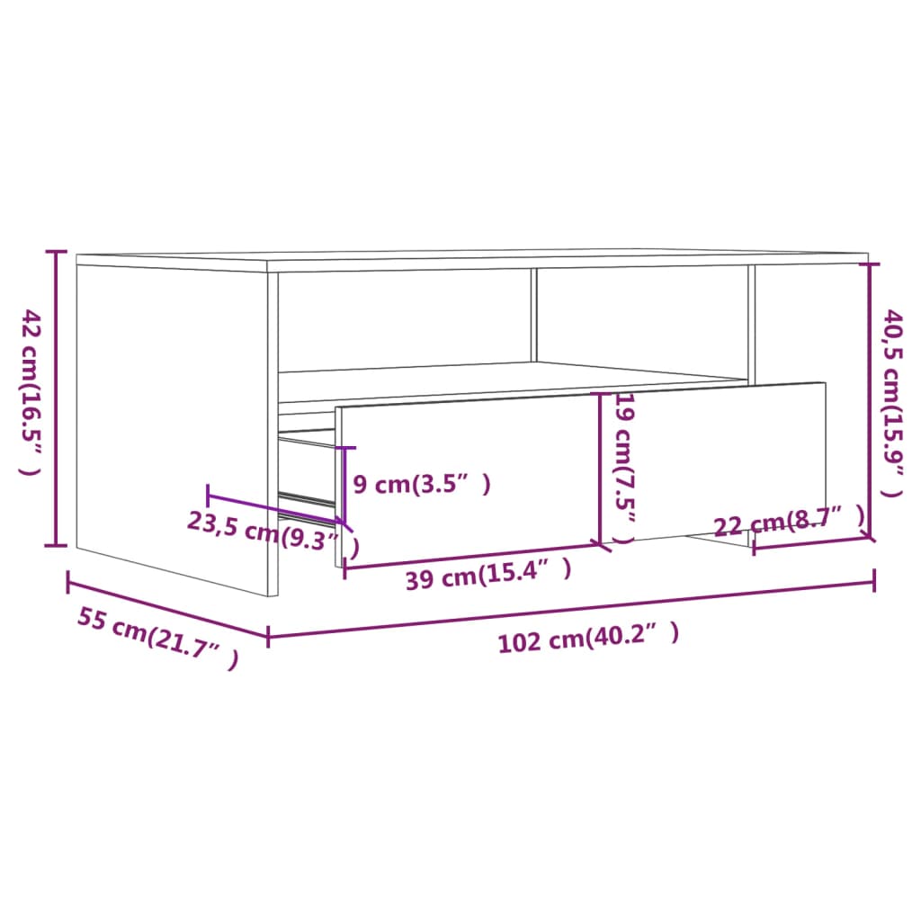 Coffee Table High Gloss White 102x55x42 cm Engineered Wood