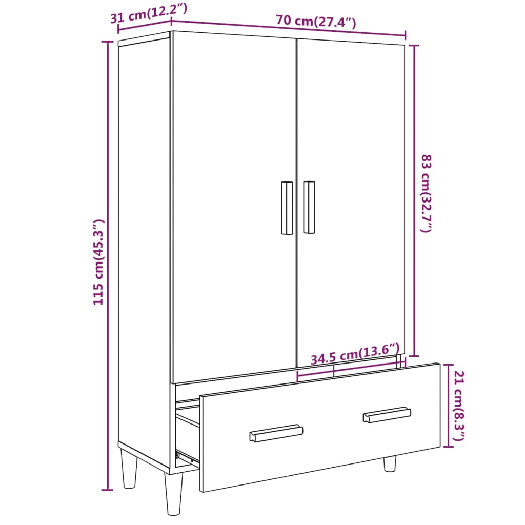 Highboard High Gloss White 70x31x115 cm Engineered Wood