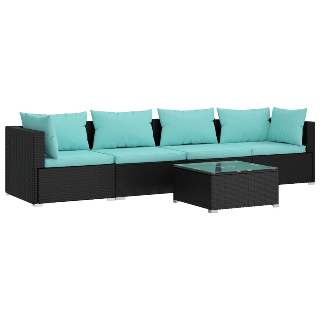 5 Piece Garden Lounge Set with Cushions Poly Rattan Black