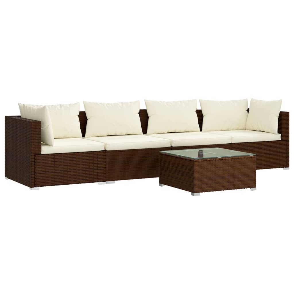 5 Piece Garden Lounge Set with Cushions Poly Rattan Brown
