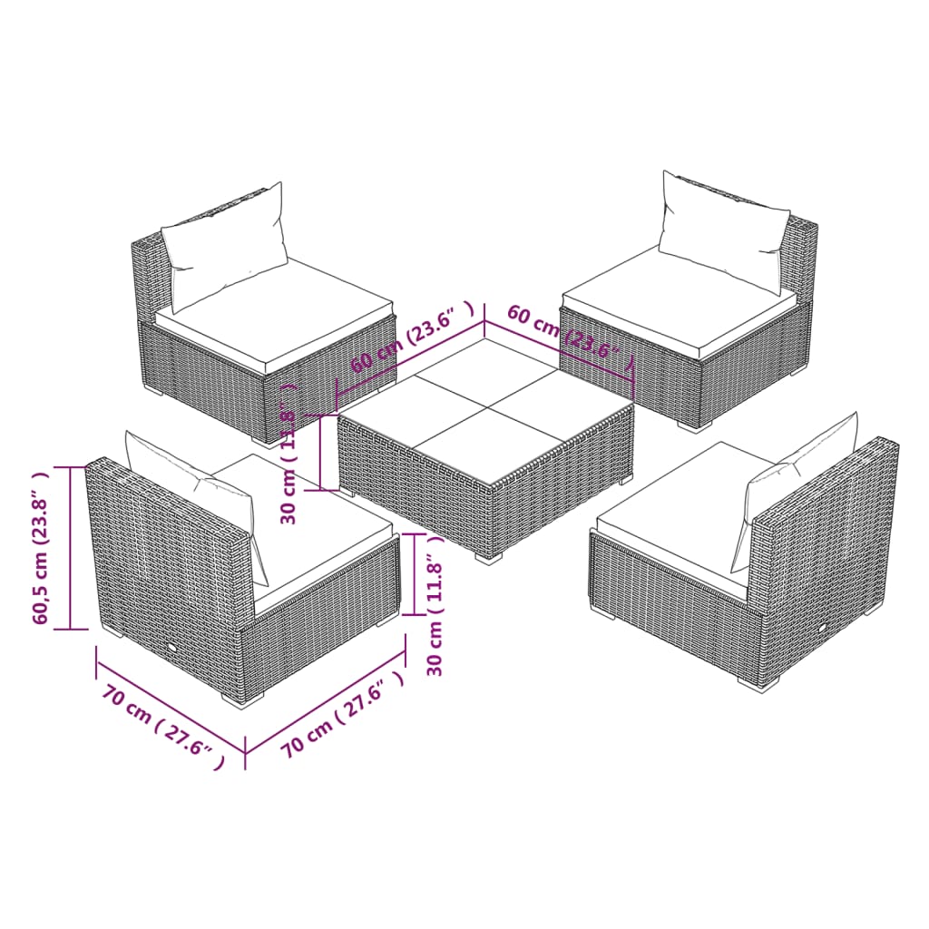 5 Piece Garden Lounge Set with Cushions Poly Rattan Grey