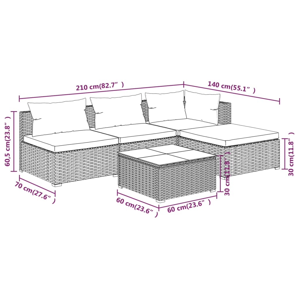 5 Piece Garden Lounge Set with Cushions Poly Rattan Grey