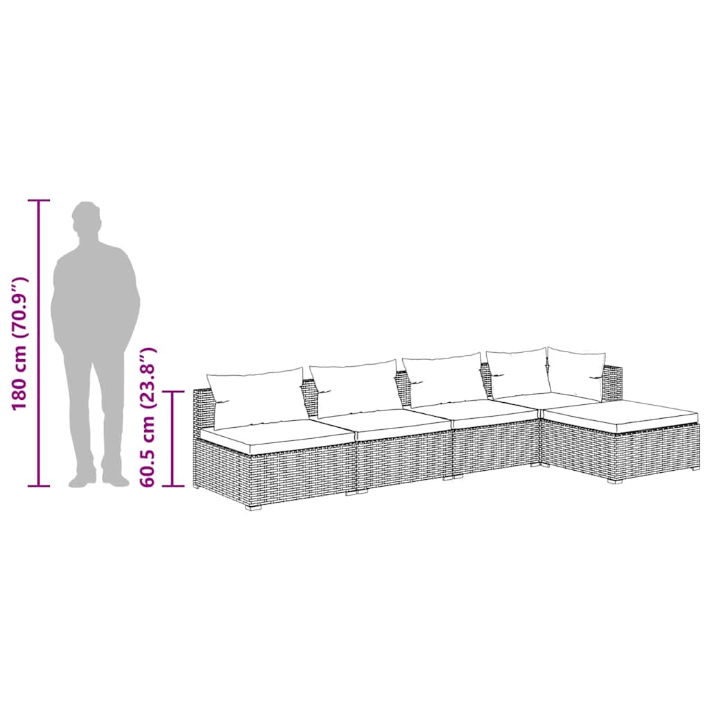 5 Piece Garden Lounge Set with Cushions Poly Rattan Grey