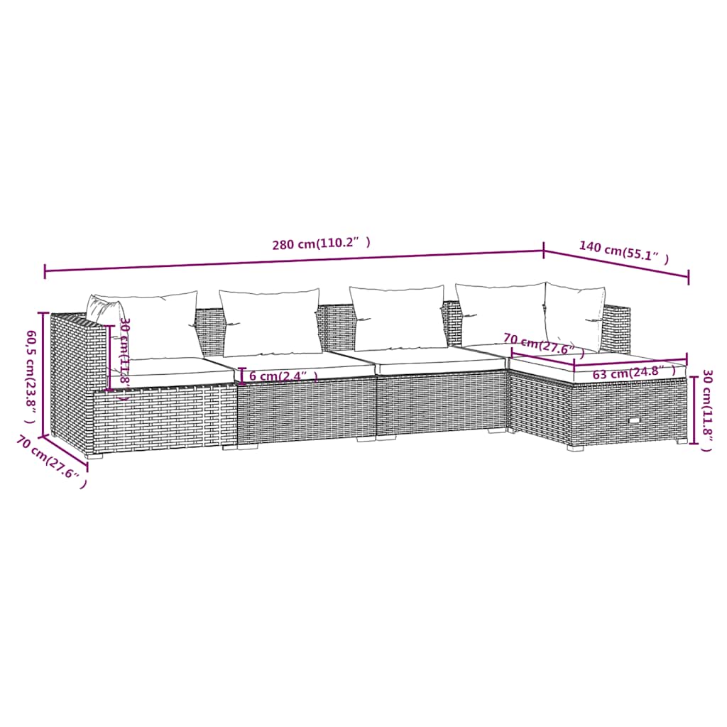 5 Piece Garden Lounge Set with Cushions Poly Rattan Black