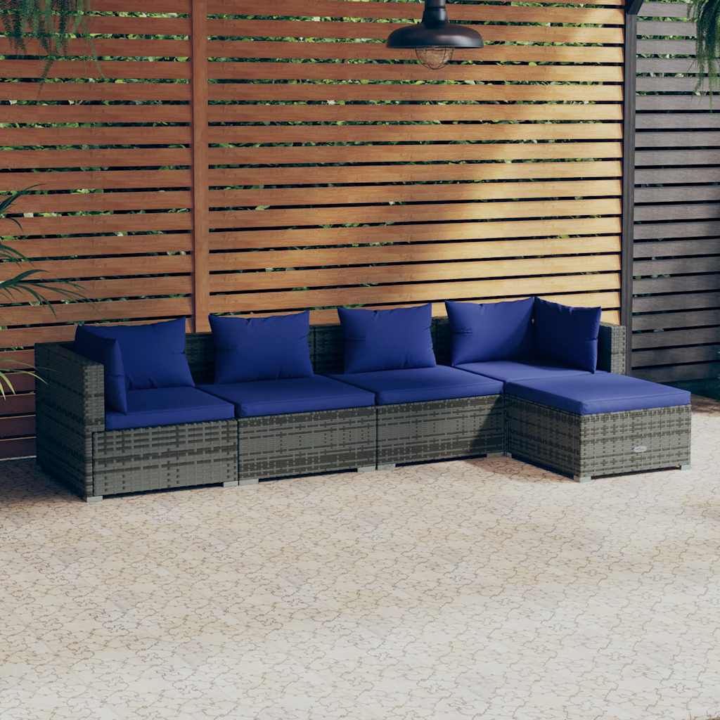 5 Piece Garden Lounge Set with Cushions Poly Rattan Grey