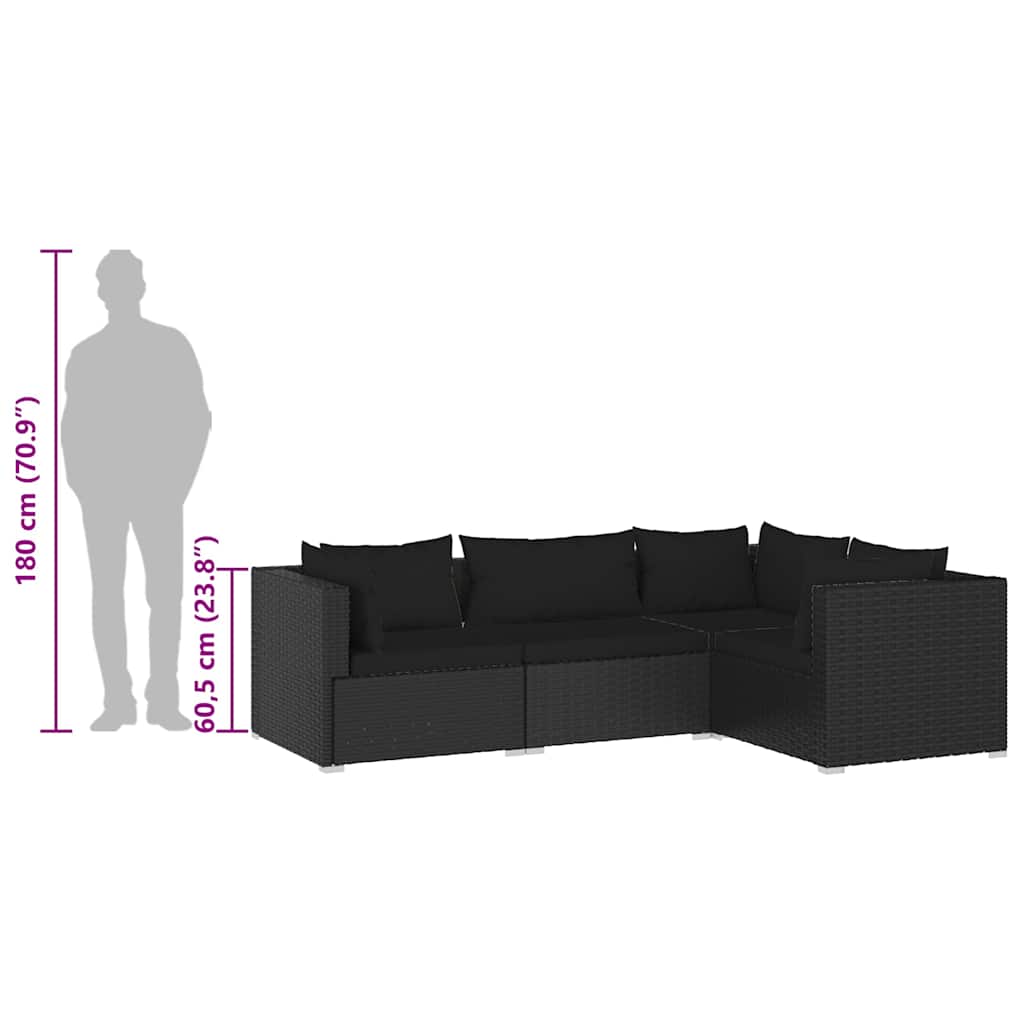 4 Piece Garden Lounge Set with Cushions Poly Rattan Black