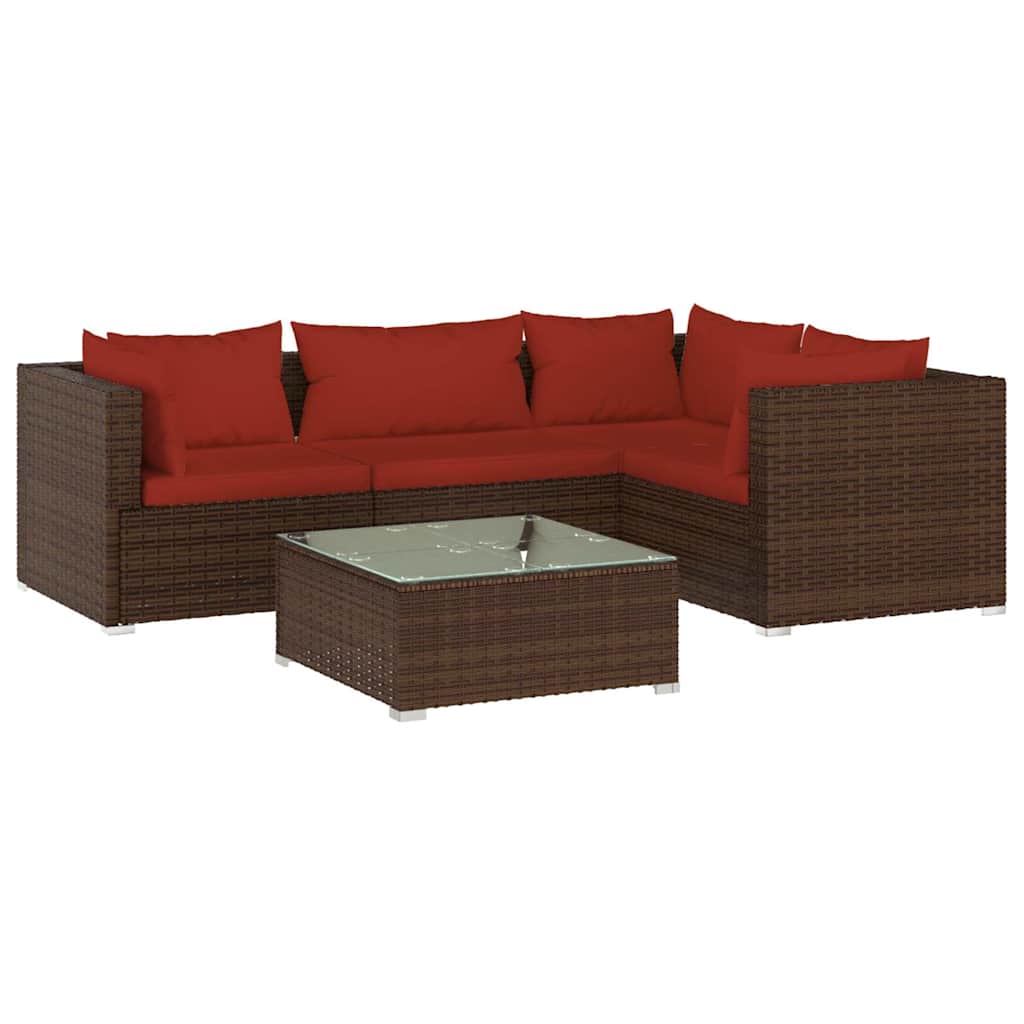 5 Piece Garden Lounge Set with Cushions Poly Rattan Brown