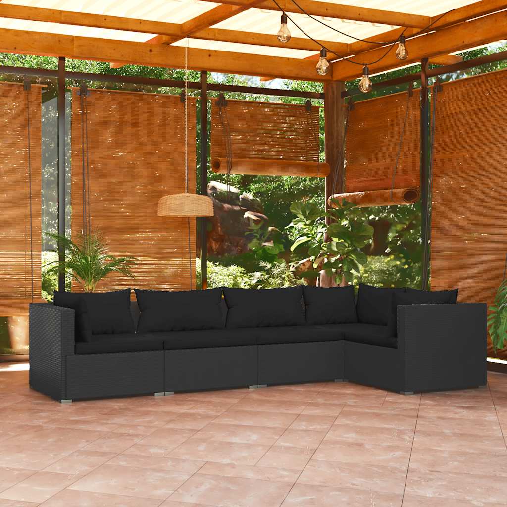 5 Piece Garden Lounge Set with Cushions Poly Rattan Black