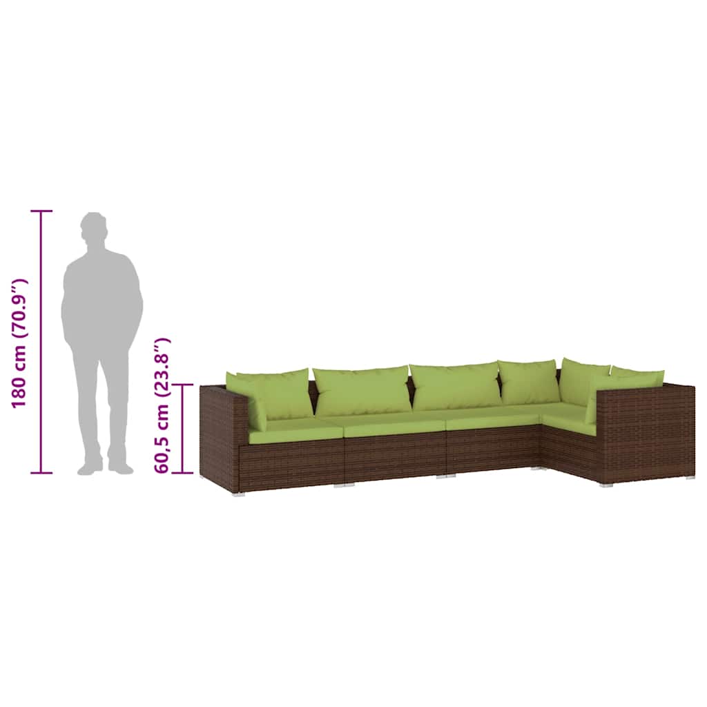 5 Piece Garden Lounge Set with Cushions Poly Rattan Brown