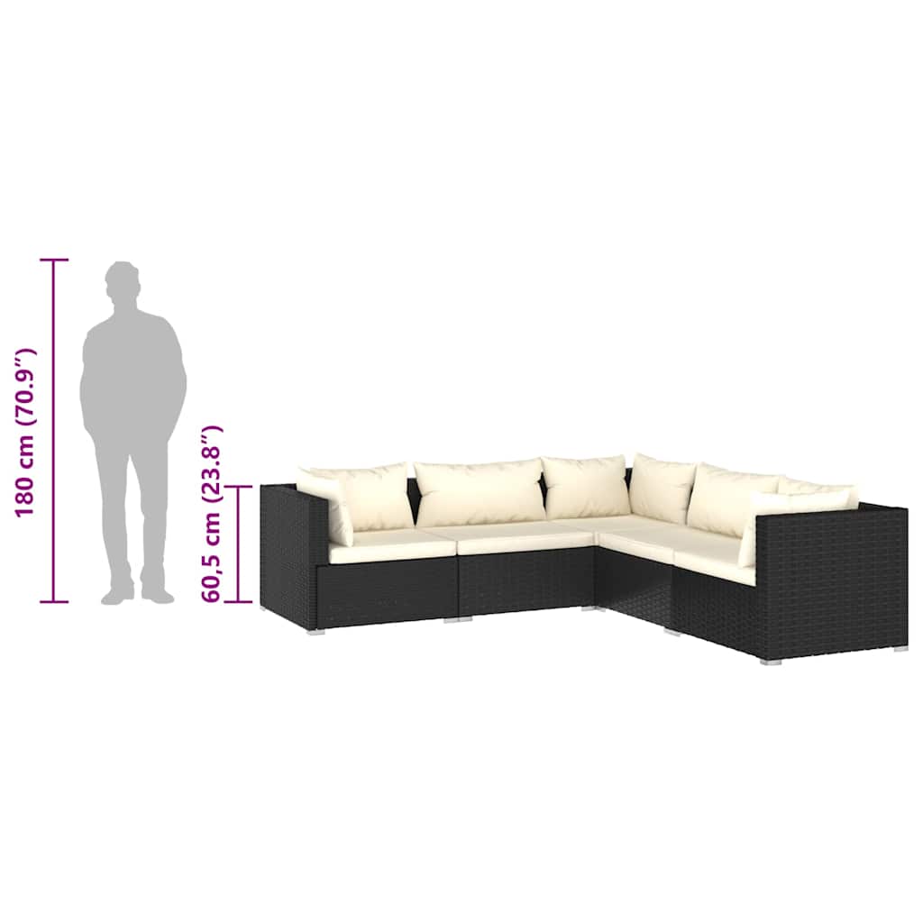 5 Piece Garden Lounge Set with Cushions Poly Rattan Black