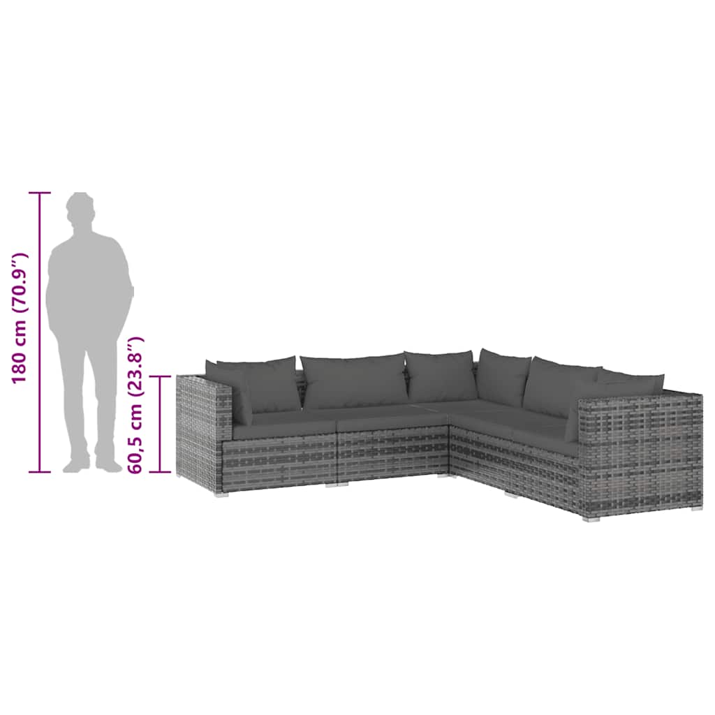 5 Piece Garden Lounge Set with Cushions Poly Rattan Grey