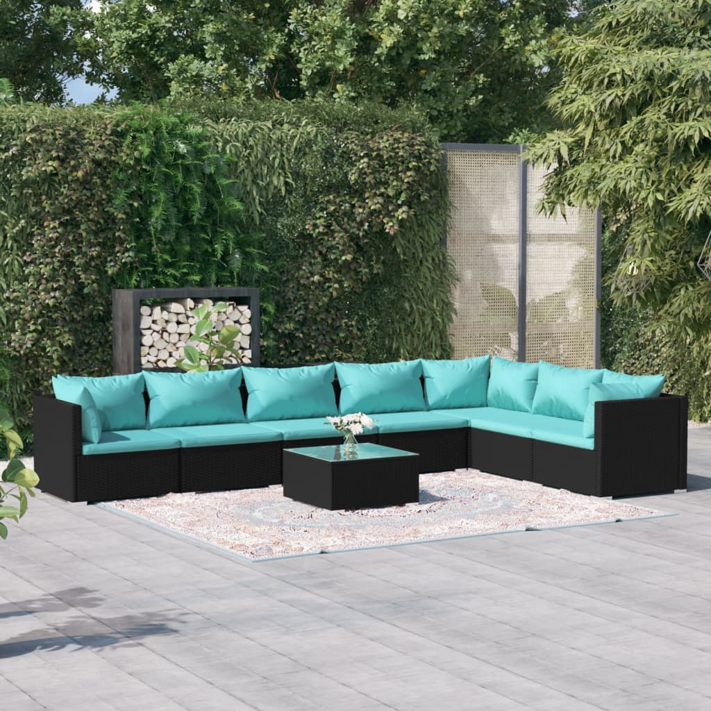 8 Piece Garden Lounge Set with Cushions Poly Rattan Black