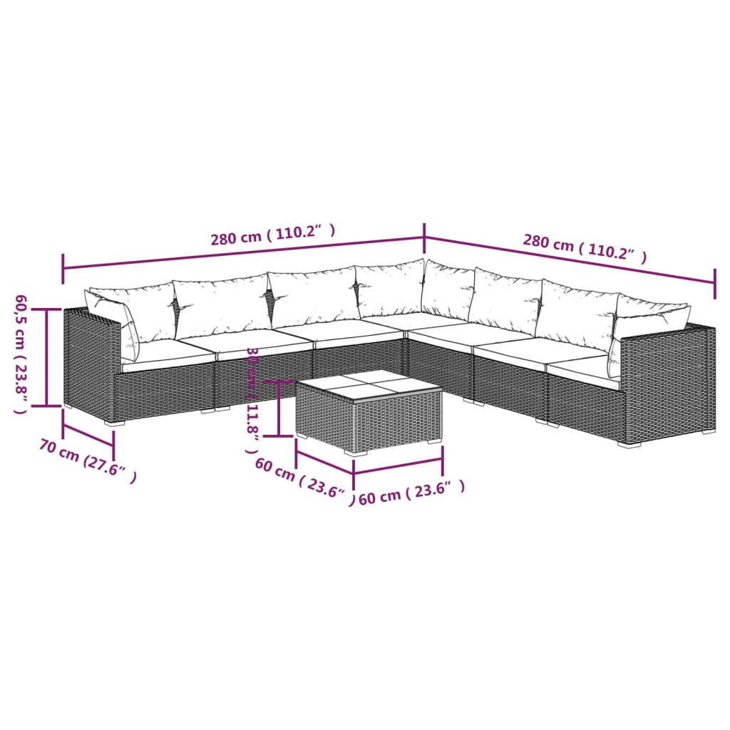 8 Piece Garden Lounge Set with Cushions Poly Rattan Grey