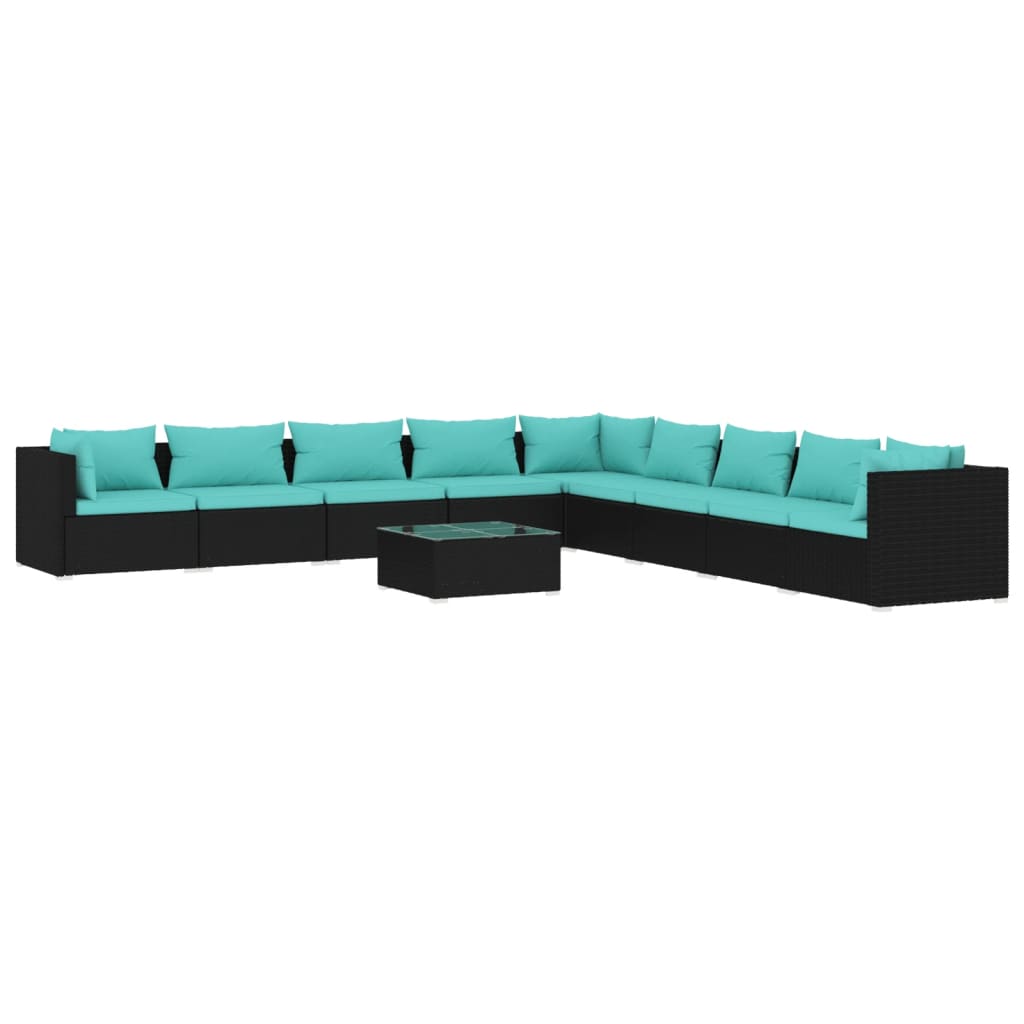 10 Piece Garden Lounge Set with Cushions Poly Rattan Black