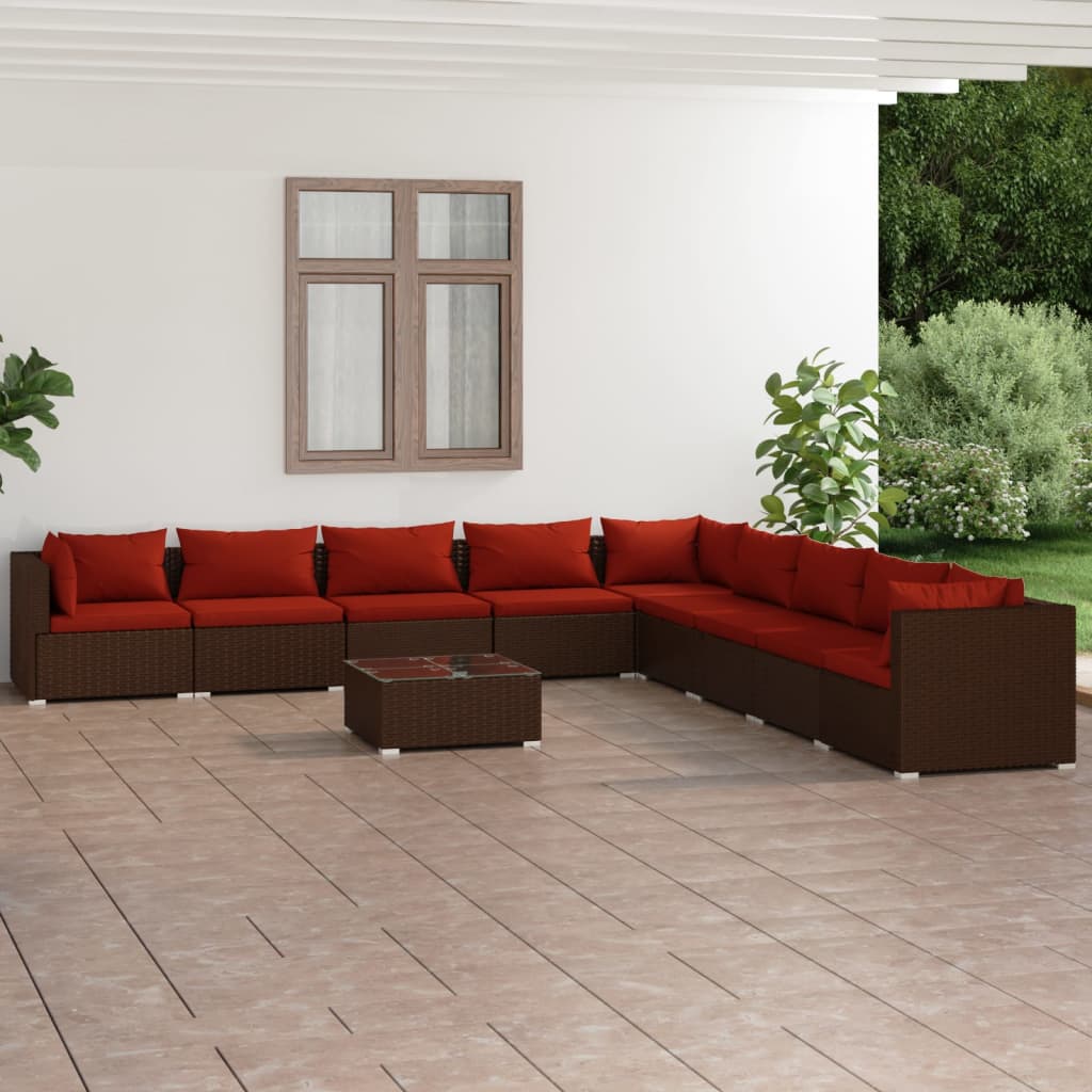 10 Piece Garden Lounge Set with Cushions Poly Rattan Brown