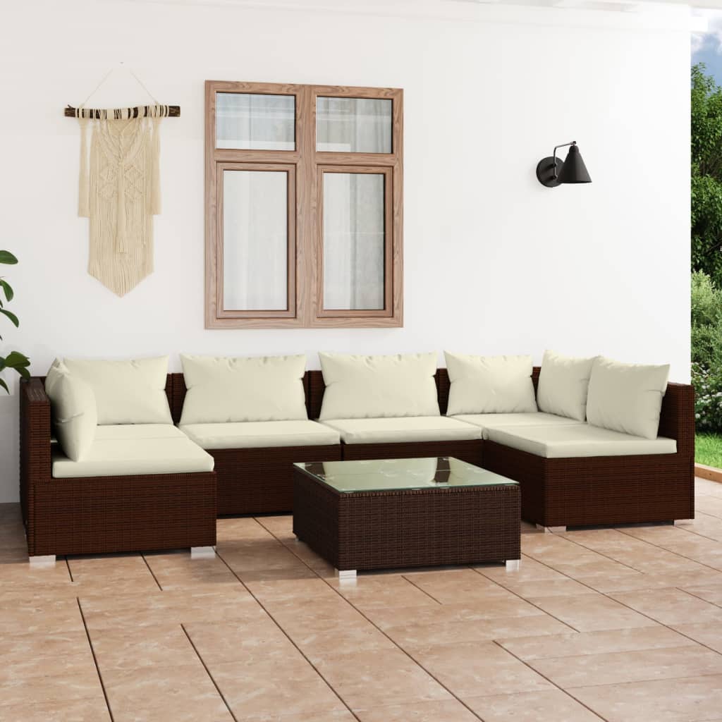 7 Piece Garden Lounge Set with Cushions Poly Rattan Brown
