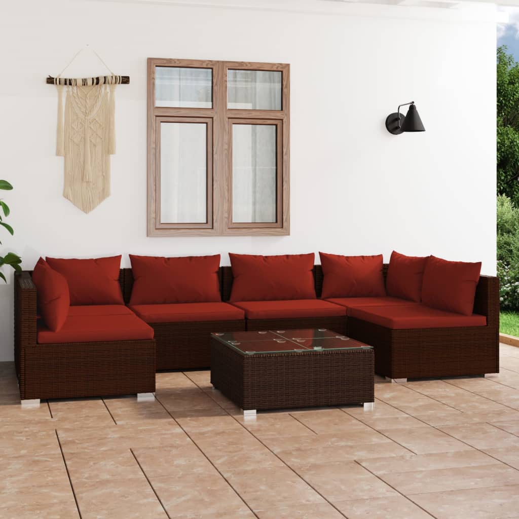 7 Piece Garden Lounge Set with Cushions Poly Rattan Brown