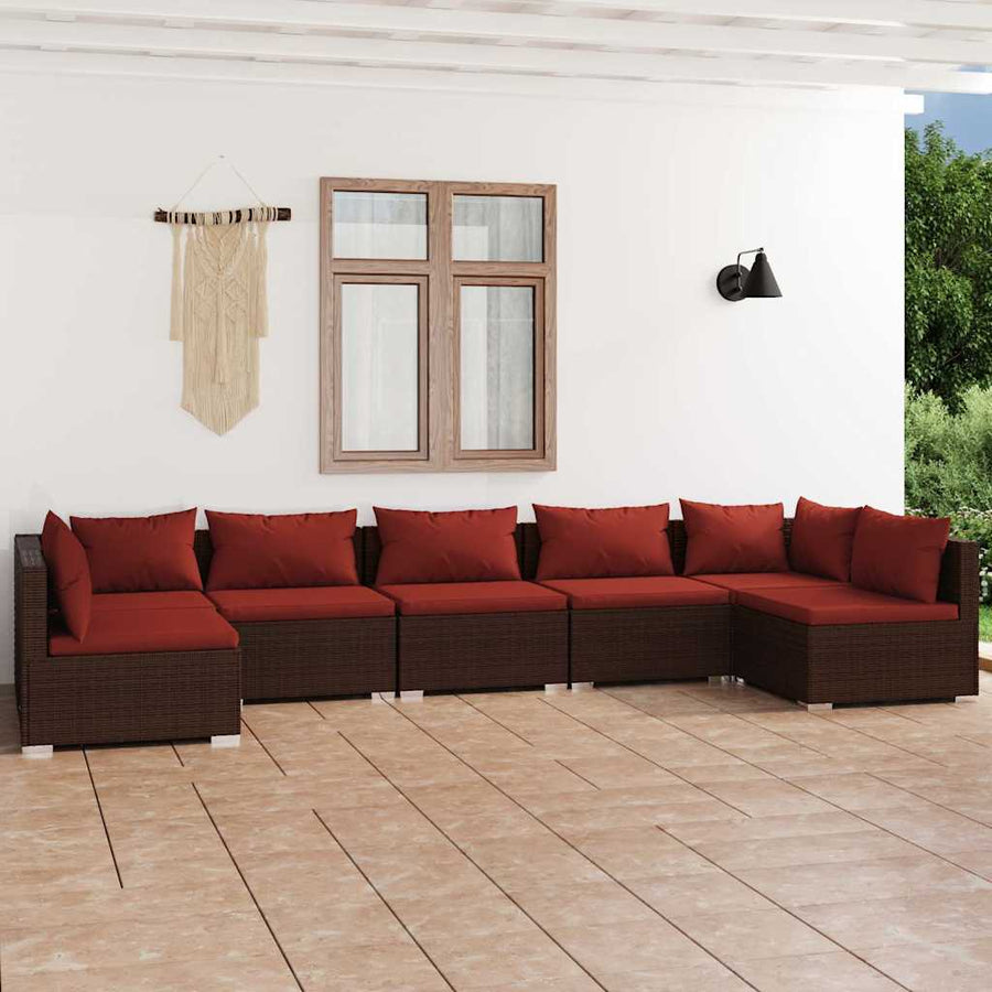 7 Piece Garden Lounge Set with Cushions Poly Rattan Brown