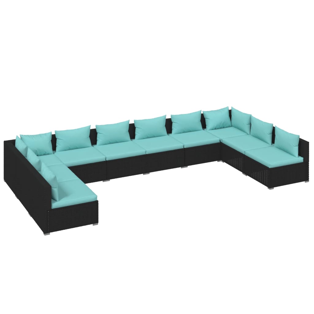 10 Piece Garden Lounge Set with Cushions Poly Rattan Black