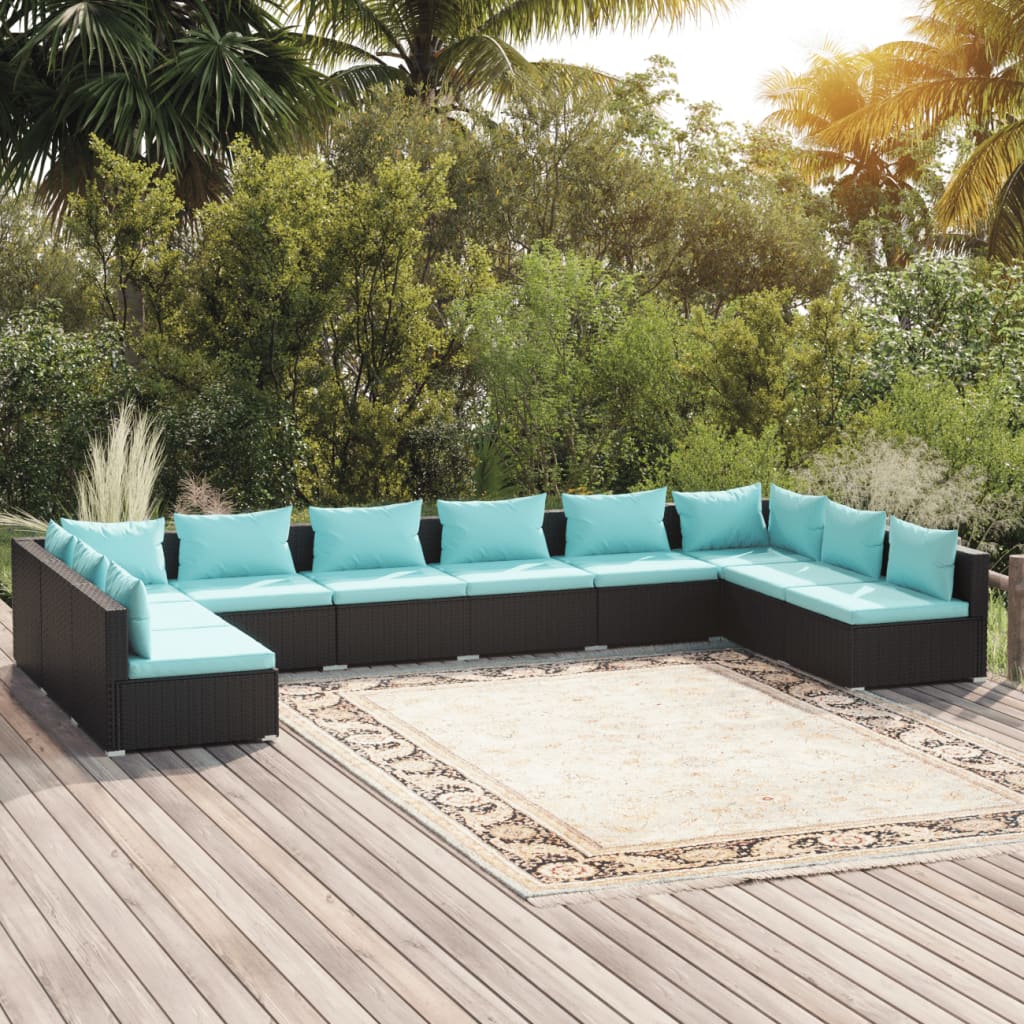 10 Piece Garden Lounge Set with Cushions Poly Rattan Black
