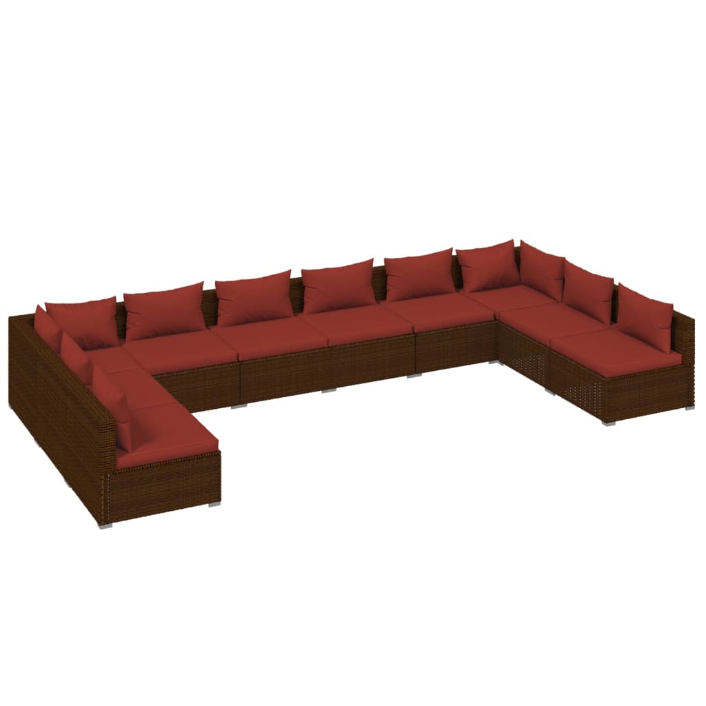 10 Piece Garden Lounge Set with Cushions Poly Rattan Brown