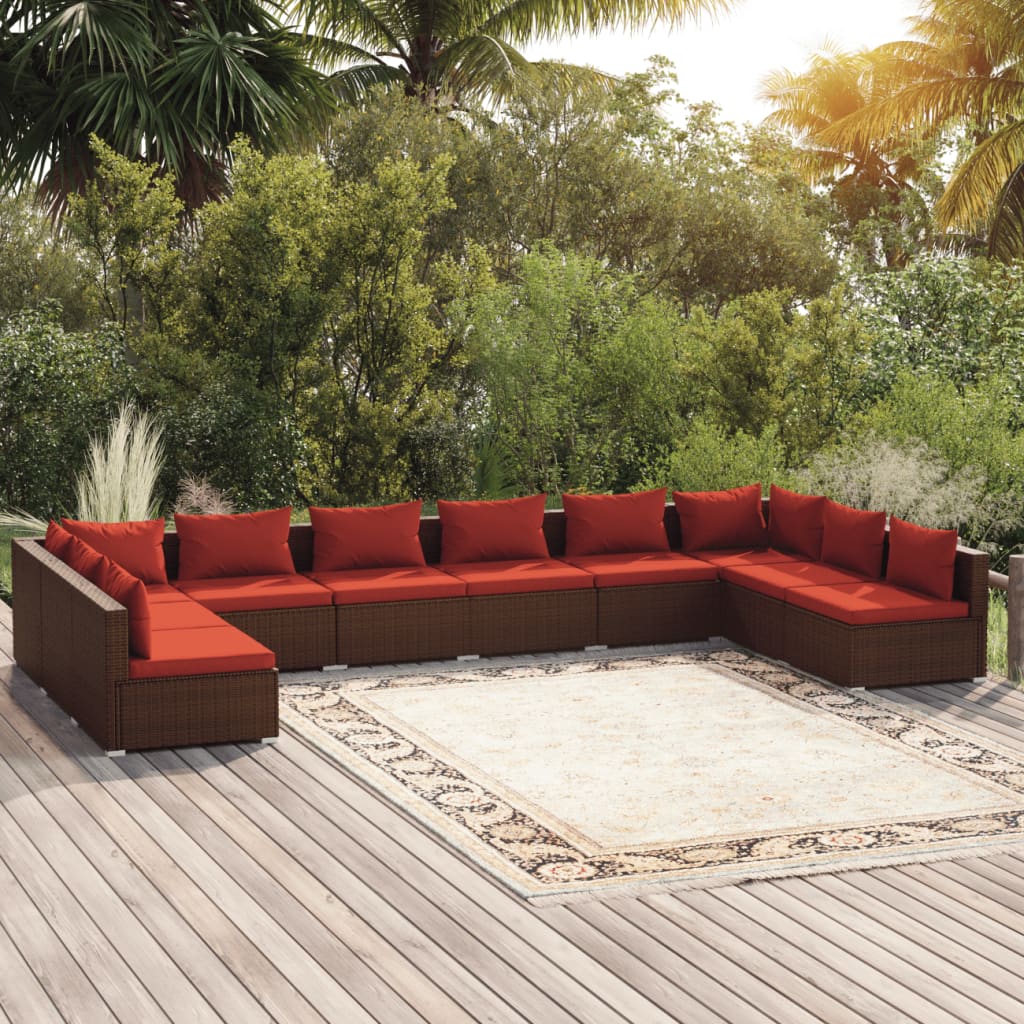 10 Piece Garden Lounge Set with Cushions Poly Rattan Brown