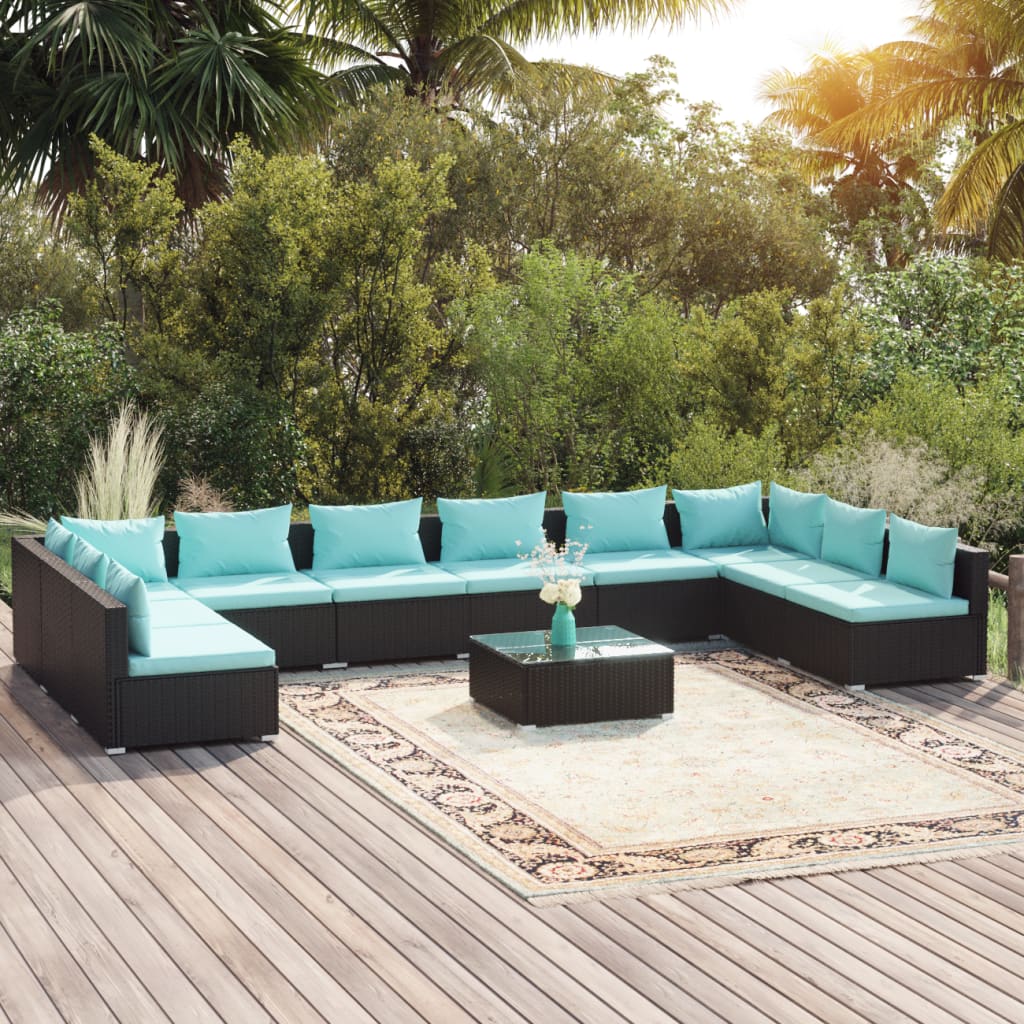 11 Piece Garden Lounge Set with Cushions Poly Rattan Black