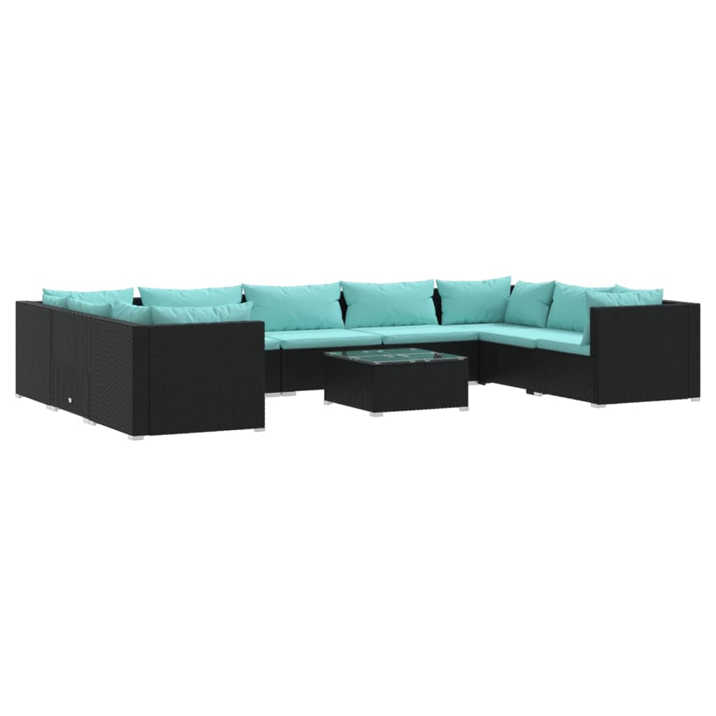 10 Piece Garden Lounge Set with Cushions Poly Rattan Black