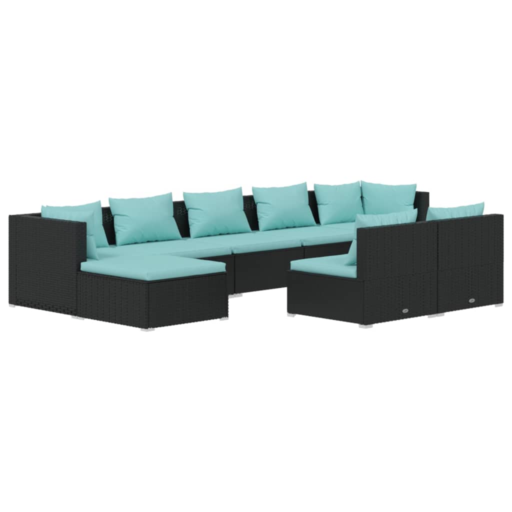 9 Piece Garden Lounge Set with Cushions Black Poly Rattan