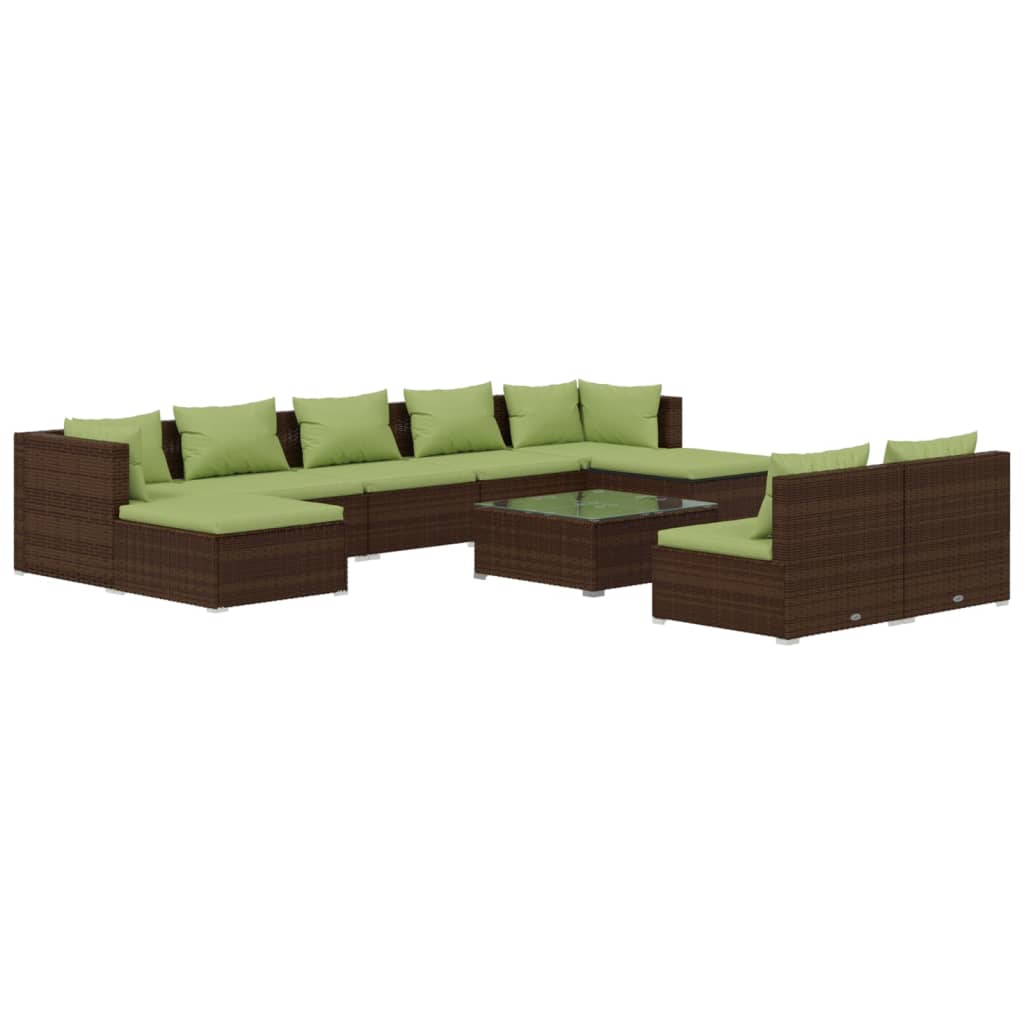 10 Piece Garden Lounge Set with Cushions Brown Poly Rattan