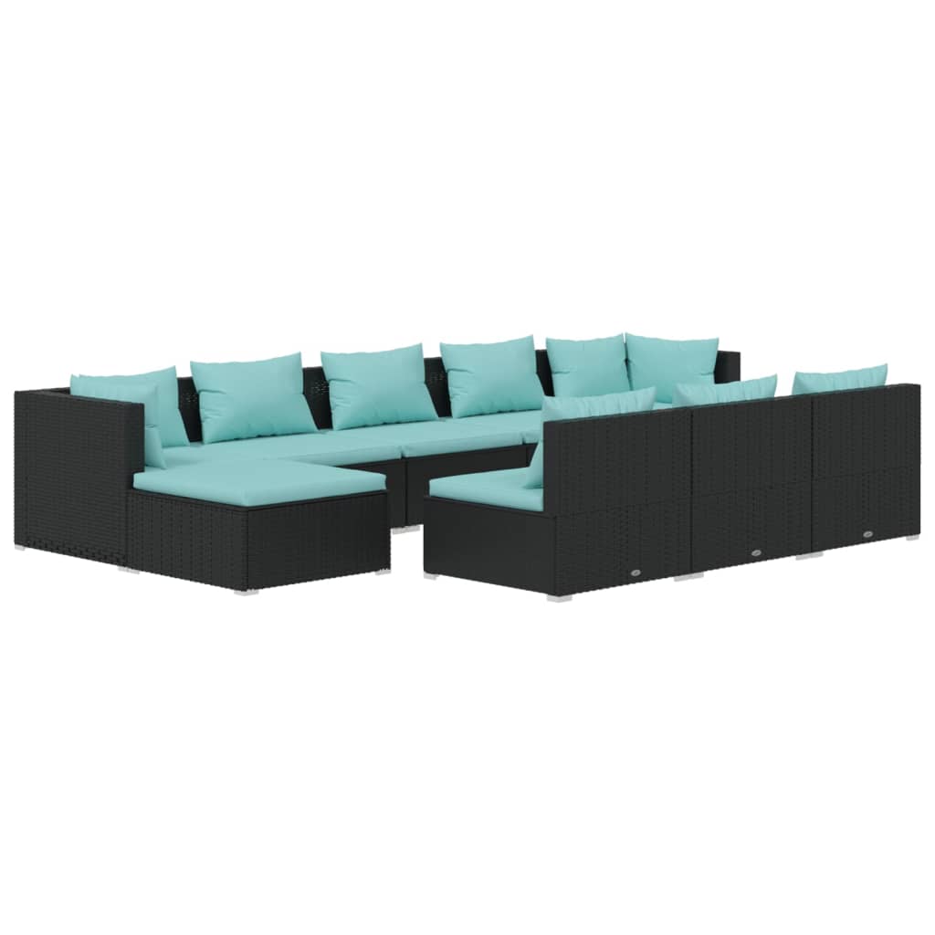 10 Piece Garden Lounge Set with Cushions Black Poly Rattan